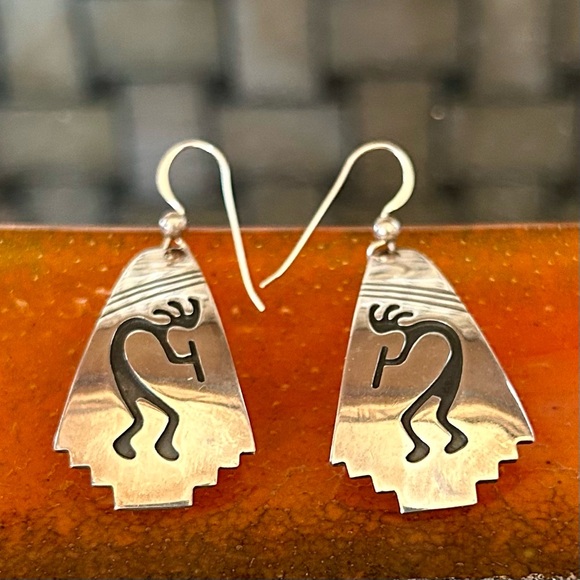 Native American Navajo Silver Kokopelli Dangle Earrings, Signed by Artist